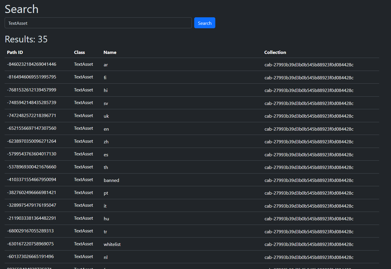 Asset Ripper screenshot with files of class TextAsset