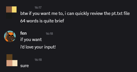 Discord messages from my friend offering to look over the portuguese file for interesting stuff.
